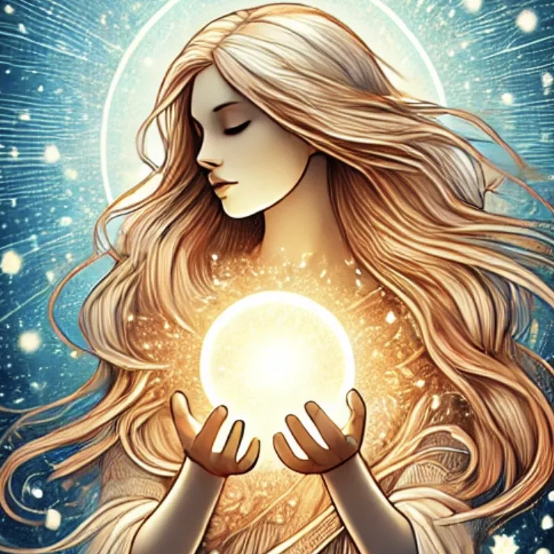 Logo for Psychic Spiritual Reading by Doreen, A mystical logo depicting a serene woman with flowing hair, holding a glowing orb of light in her hands. She is surrounded by celestial elements, with radiant beams and soft star-like particles. The image conveys spiritual energy, inner peace, and divine wisdom, symbolizing the essence of psychic and spiritual guidance.