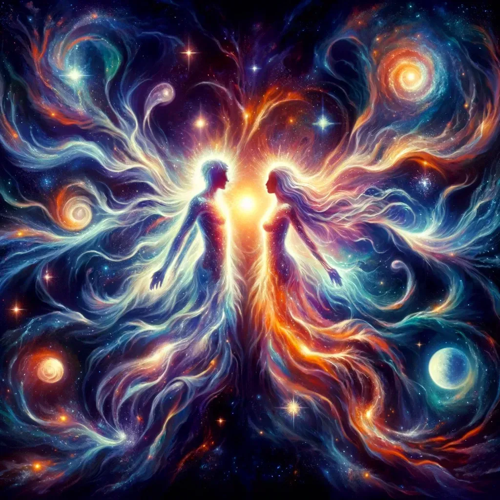 A cosmic and ethereal depiction of two human-like figures facing each other, radiating vibrant, swirling energy in a galaxy-like backdrop. The figures glow with colors of orange, blue, and purple, symbolizing a deep spiritual connection or twin flame energy. Stars, galaxies, and celestial bodies surround them, creating a sense of cosmic unity and divine love.