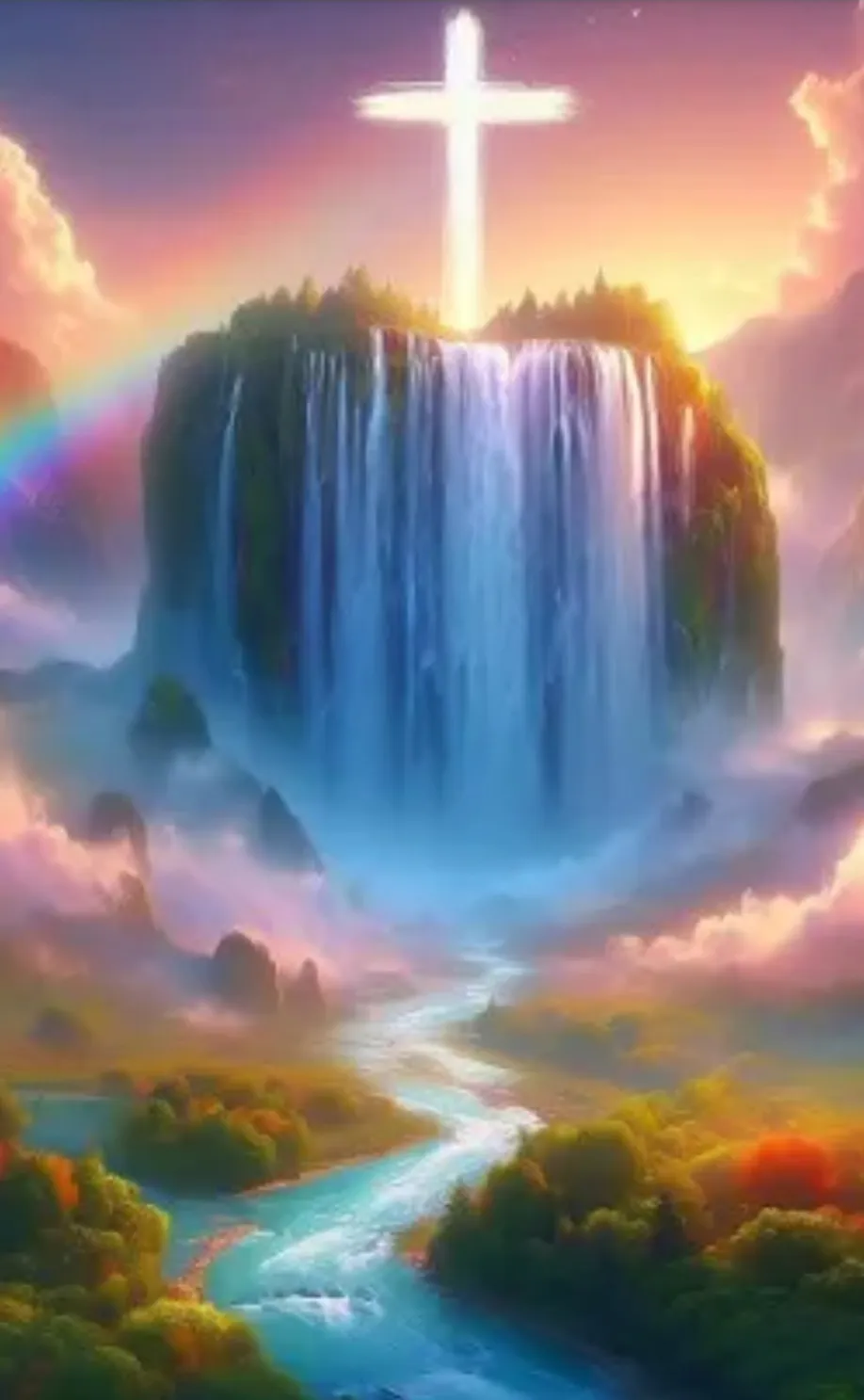 A breathtaking spiritual landscape featuring a towering waterfall illuminated by a glowing cross at the top. A vibrant rainbow arcs across the misty sky, and a serene river winds through lush, colorful hills, creating a peaceful, ethereal atmosphere.