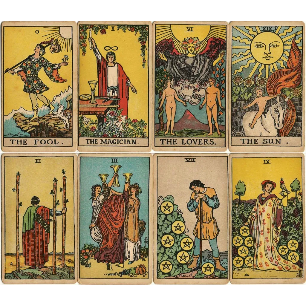 A spread of eight tarot cards, including "The Fool," "The Magician," "The Lovers," and "The Sun" on the top row, and "Three of Wands," "Three of Cups," "Seven of Pentacles," and "Nine of Pentacles" on the bottom row. Each card is beautifully illustrated, representing different aspects of life's journey, such as new beginnings, love, success, and reflection.