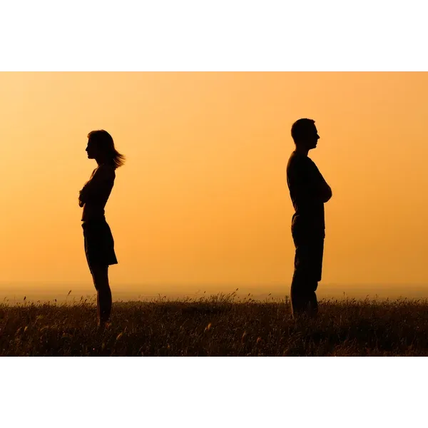 A silhouette of a man and woman standing back-to-back in a field during sunset, symbolizing emotional distance or a conflict in their relationship. The warm orange sky highlights their separation, evoking feelings of disconnection and longing for reconciliation. The image conveys themes of relationship challenges or heartache.