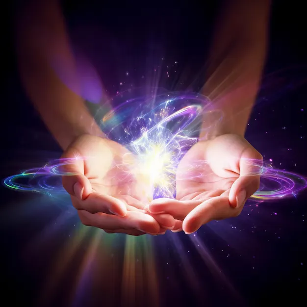 A pair of hands cupping a glowing, radiant energy orb with swirling colorful light. The vibrant energy seems to emanate from the palms, surrounded by beams of purple, pink, and golden light, symbolizing spiritual power and the transfer of healing energy. The image conveys a sense of mystical energy work or spiritual healing.