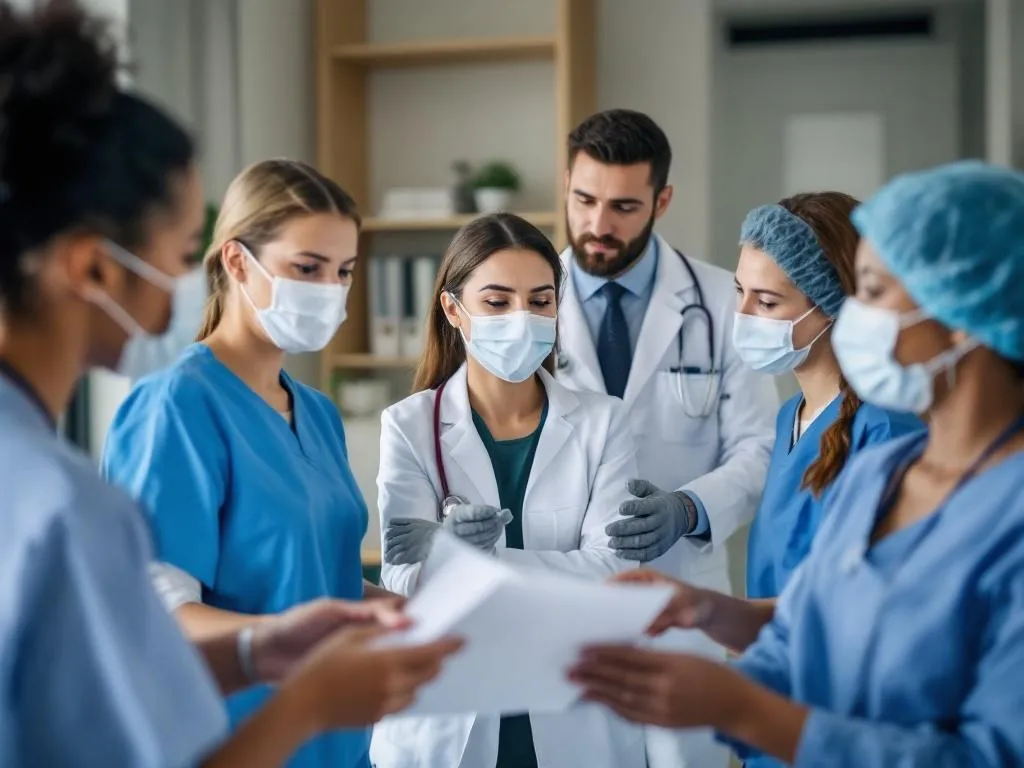 An image of a group of healthcare workers and apartment management staff interacting or discussing plans.