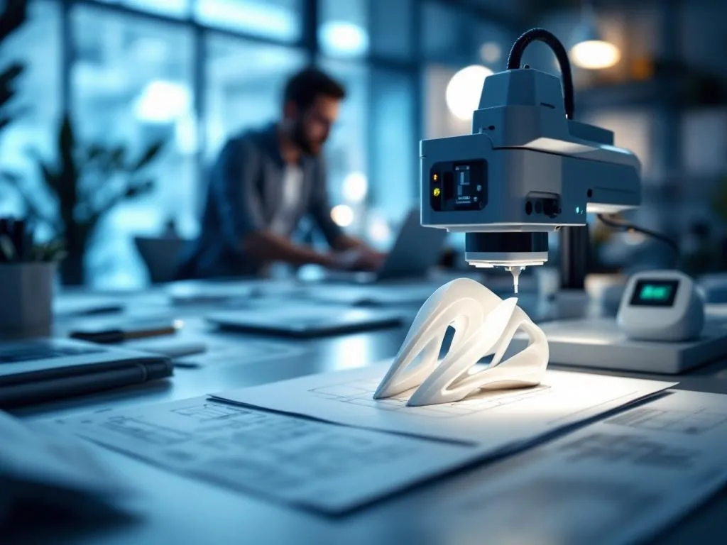 A modern workspace showcasing a 3D printer creating a sleek and futuristic object on a desk, surrounded by blueprints and engineering sketches. The scene is lit with soft white and blue light, emphasizing precision and creativity. A professional designer is working in the background, wearing smart-casual attire, with a clear, inspiring environment around them.