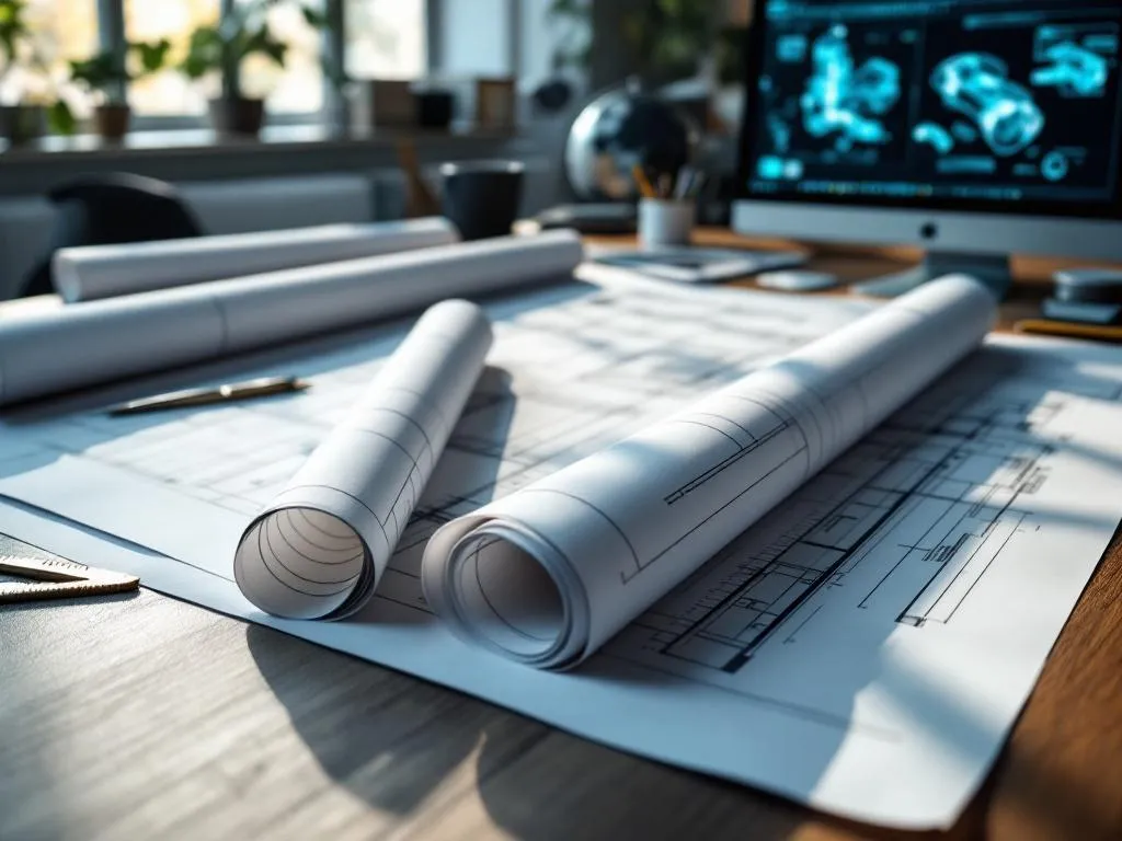 A stack of neatly rolled blueprints next to an open set of engineering drawings on a large drafting table. The table is surrounded by tools like a ruler, compass, and a computer screen showing CAD designs. The scene is set in a professional office with natural light streaming through a window.