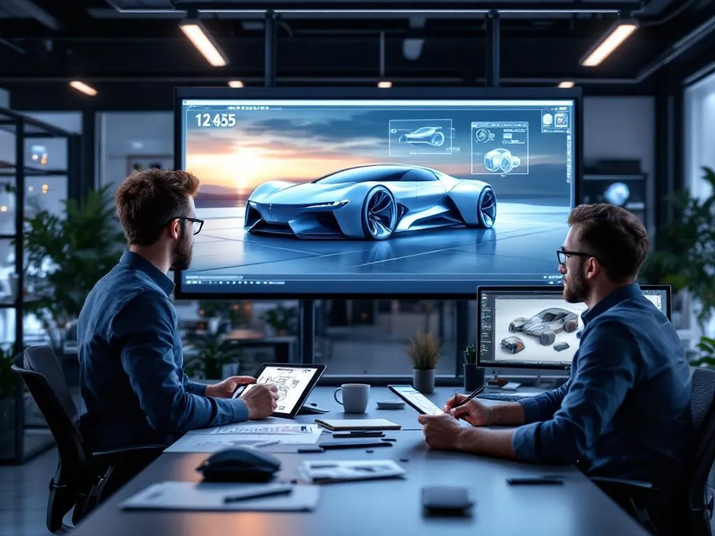 A digital rendering of a futuristic car design displayed on a large monitor in an engineering office. A designer is sketching ideas on a tablet while another professional reviews 3D CAD software on a computer. The workspace is filled with innovative tools and a creative atmosphere.