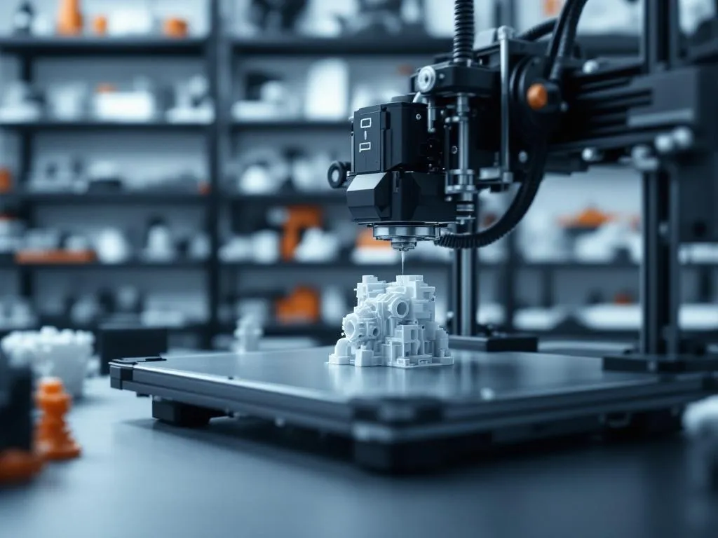 A close-up of a 3D printer in action, printing a detailed mechanical part in high precision. The background shows shelves lined with finished 3D-printed models and tools, with a sleek and futuristic laboratory-style ambiance.