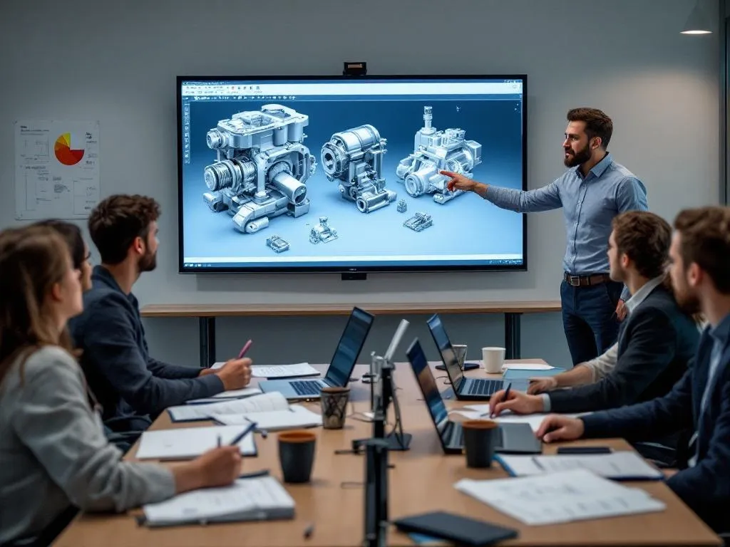 A professional tutor teaching a small group of students in a classroom setting. The tutor is pointing at a large screen displaying 3D CAD software with models of complex machinery. The students are actively engaged, with notebooks, laptops, and sketchpads spread across their desks.