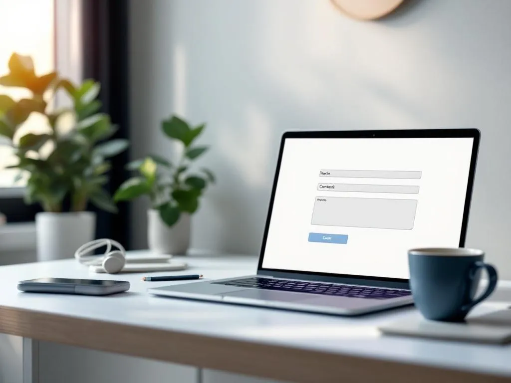 A minimalist and professional-looking desk setup with a phone, laptop, and a cup of coffee. On the laptop screen is a modern website contact form interface. The background is clean, with hints of greenery and soft, inviting light creating a friendly and accessible vibe.