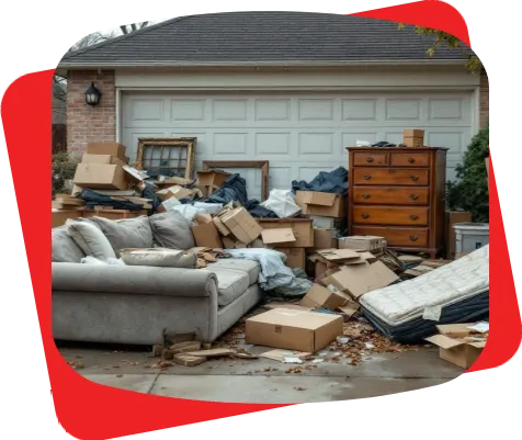 a photo of a load of junk in front of a residential house