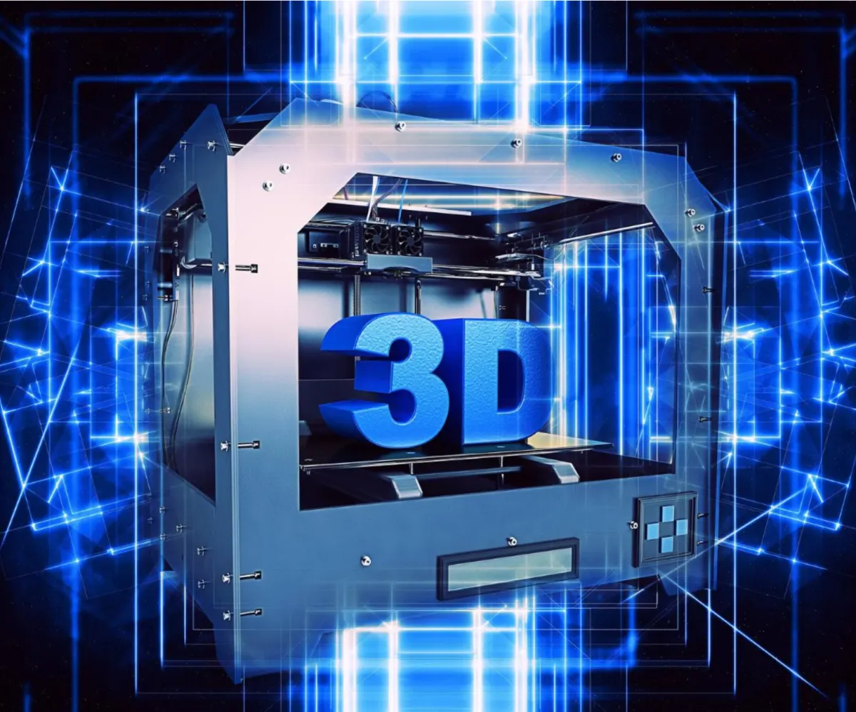 an image of a 3d printer on a blue background featuring "3D" in the middle of the printer