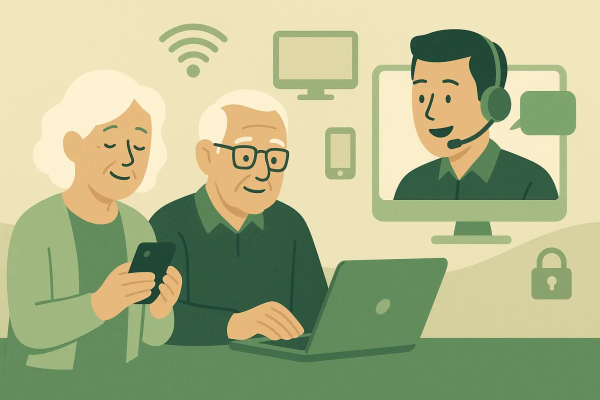 Older couple receiving remote tech support, with the man using a laptop and the woman holding a smartphone, while a support representative appears on a video call screen; icons of Wi-Fi, devices, and security surround them.