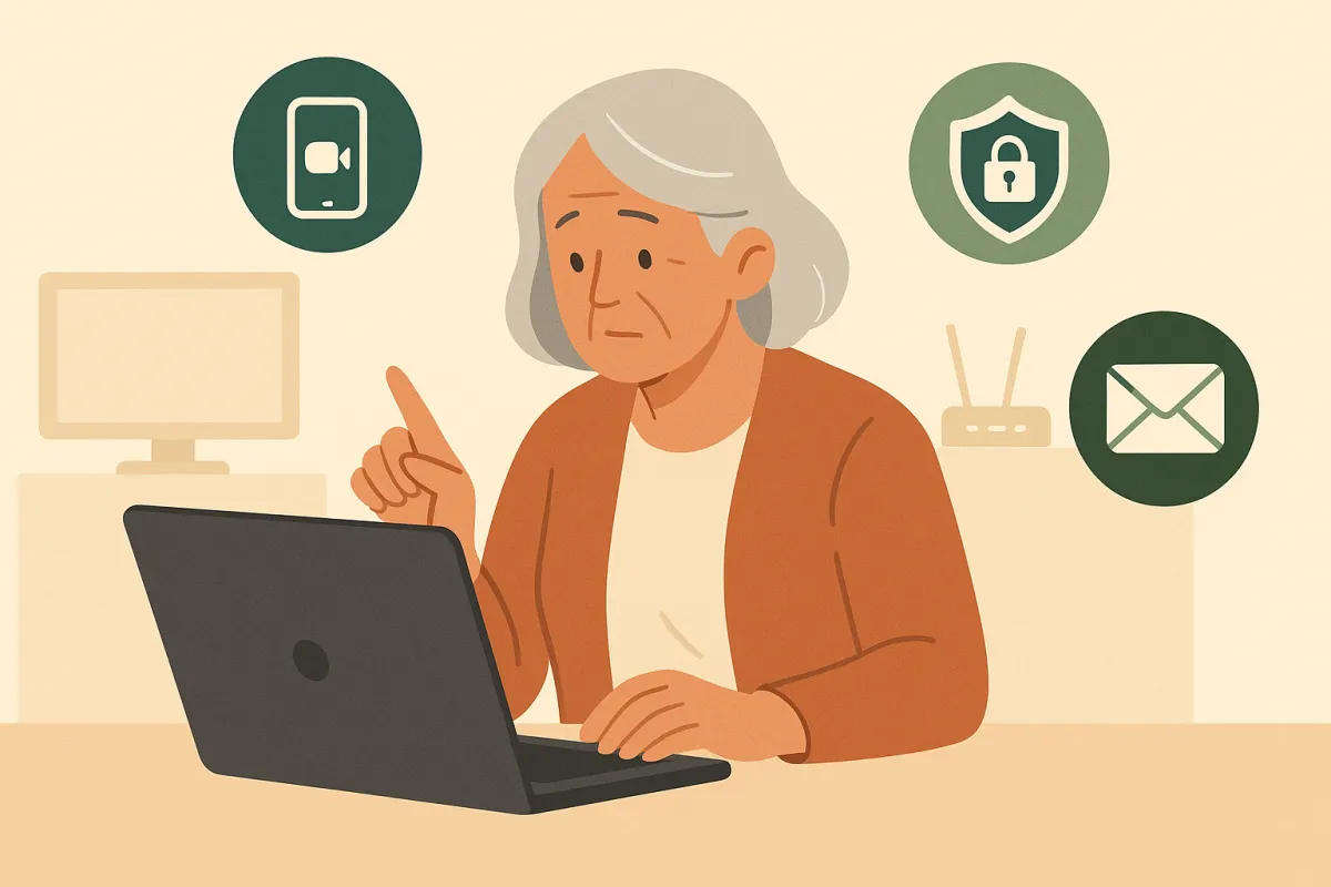 Illustration of an older woman sitting at a desk using a laptop, with icons around her representing video calls, online security, a Wi-Fi router, and email.