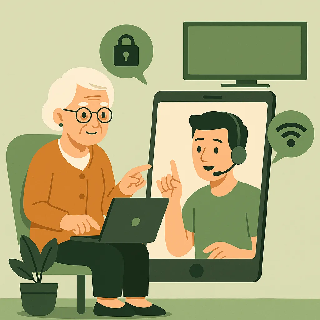 Older woman receiving virtual tech support on her laptop from a male technician appearing on a large phone screen, with security and Wi-Fi icons in the background.