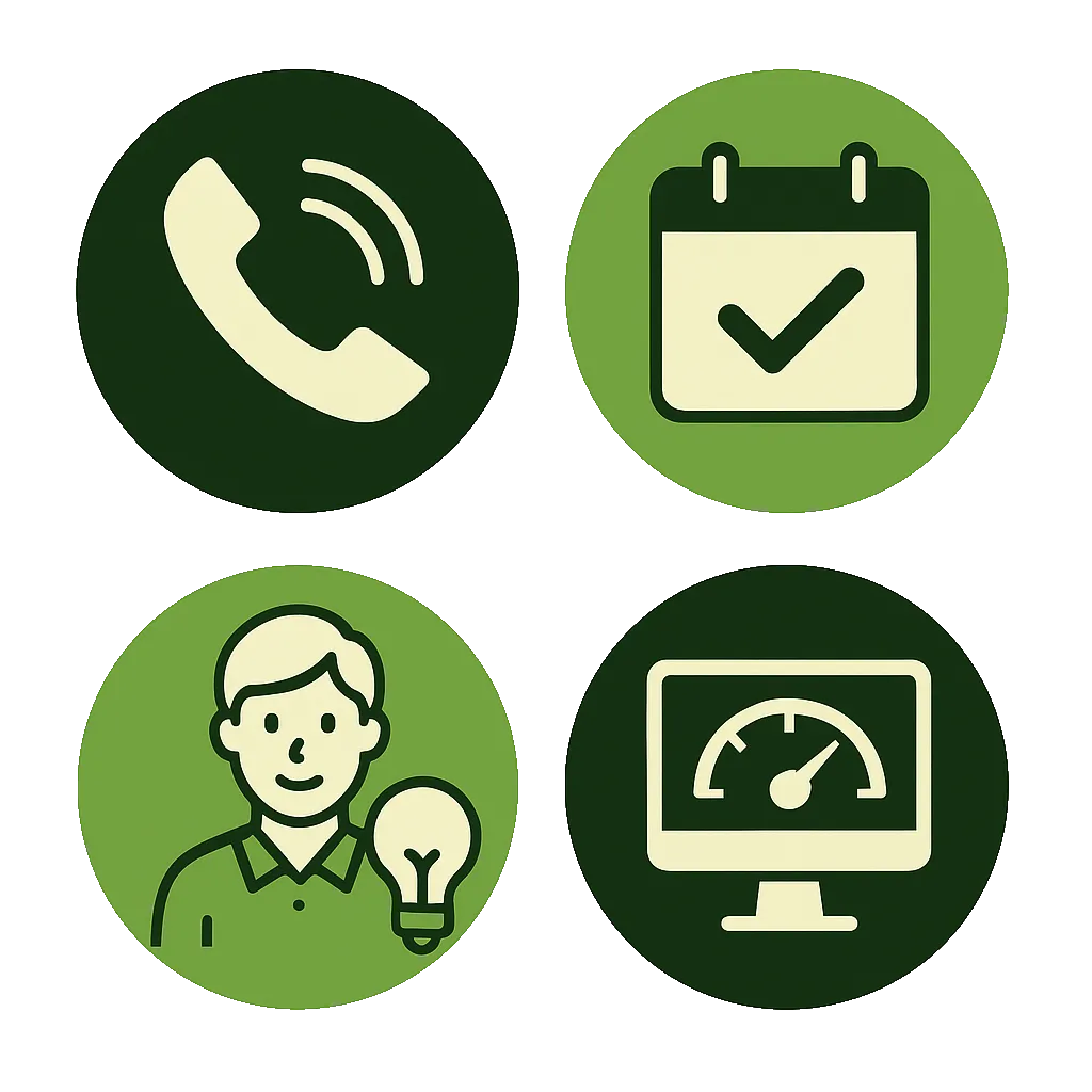 Four green technology icons showing a phone call symbol, a calendar with a checkmark, a person representing learning support, and a computer speed gauge.