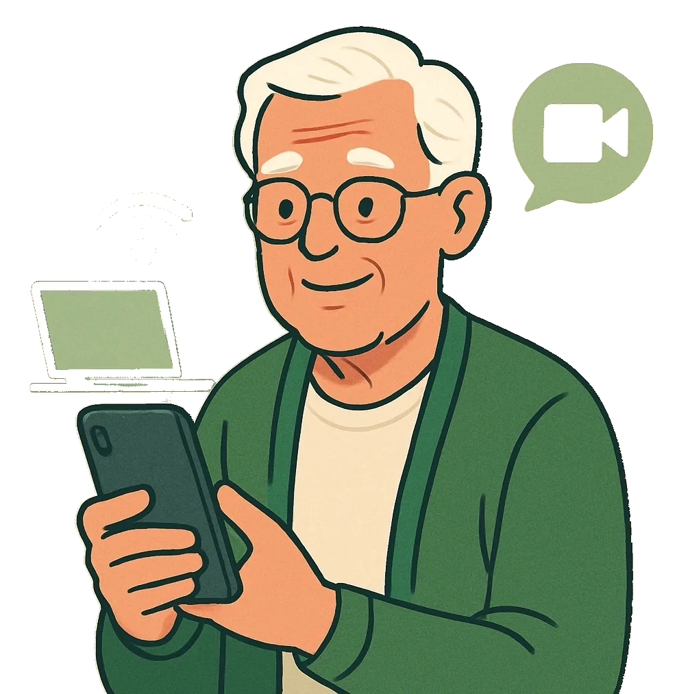 Illustration of a smiling senior man holding a smartphone, with icons of a laptop, Wi-Fi signal, and video call symbol behind him, representing tech support for older adults.