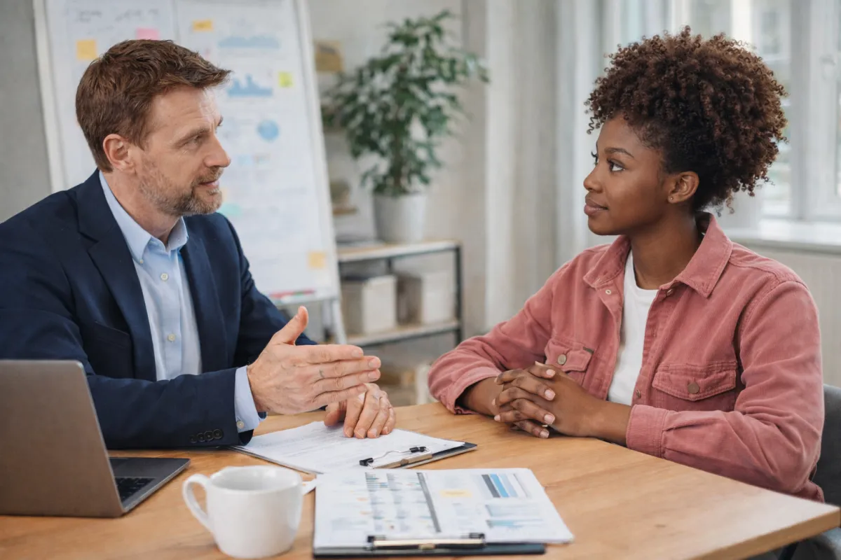 Business consultant and creative professional seated at a desk having a focused discussion in a bright, modern workspace.