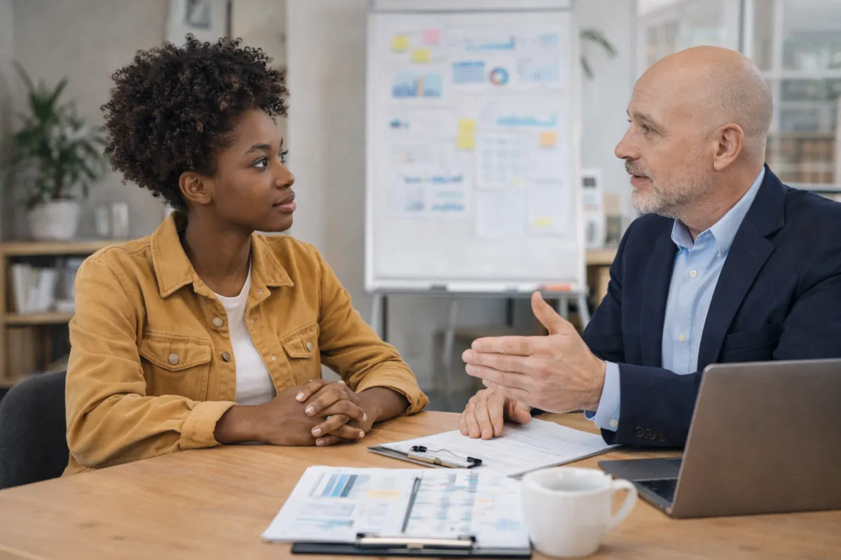 Experienced consultant providing guidance to a young creative during a personalized consultation in a calm, professional office setting.