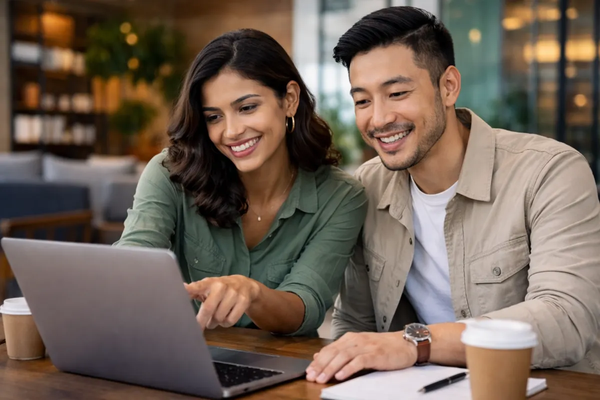 Business consultant and creative professional seated at a desk having a focused discussion in a bright, modern workspace.