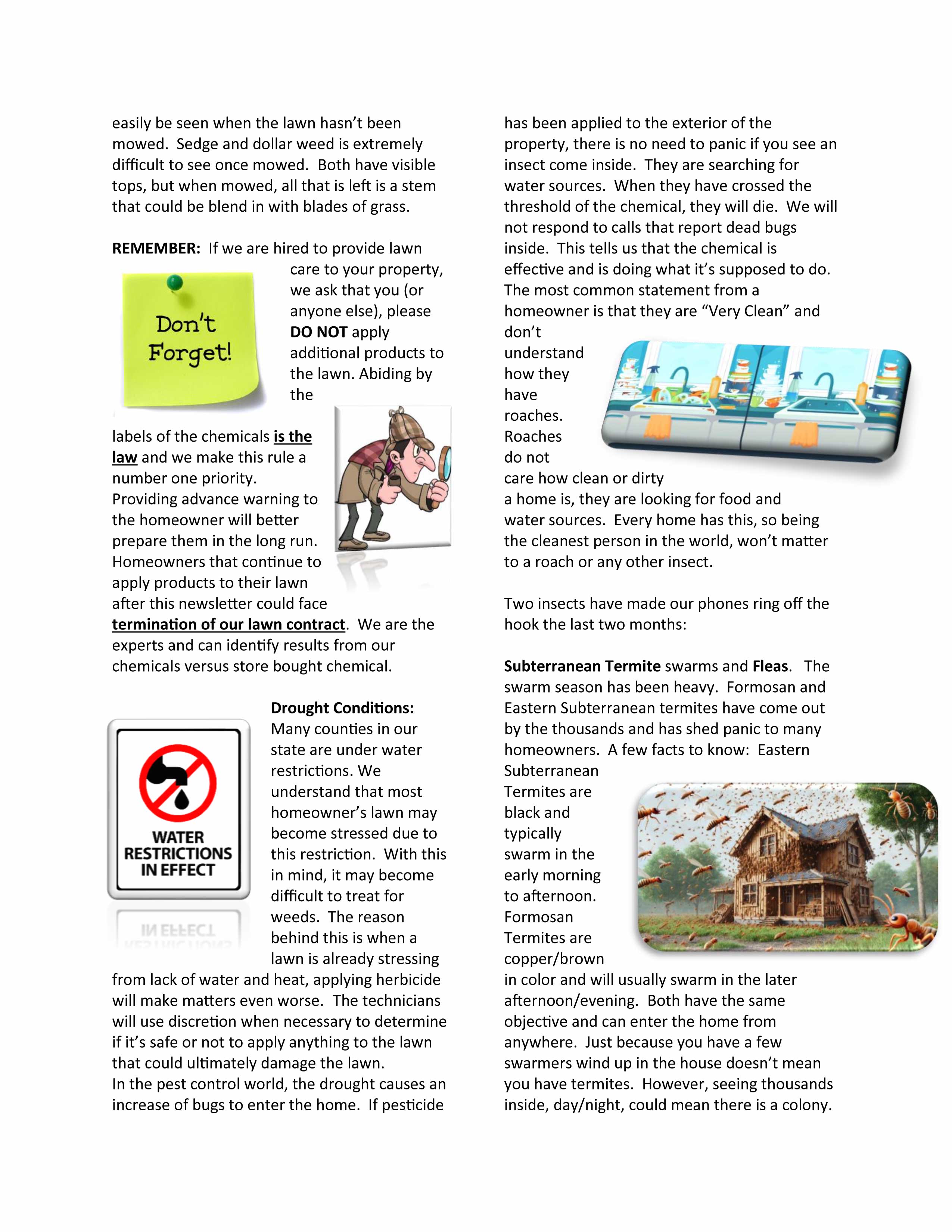 Weeds including Oxalis and Poa Anna (Annual Blue Grass) identified in a lawn care newsletter, discussing treatment and maintenance for healthy grass.