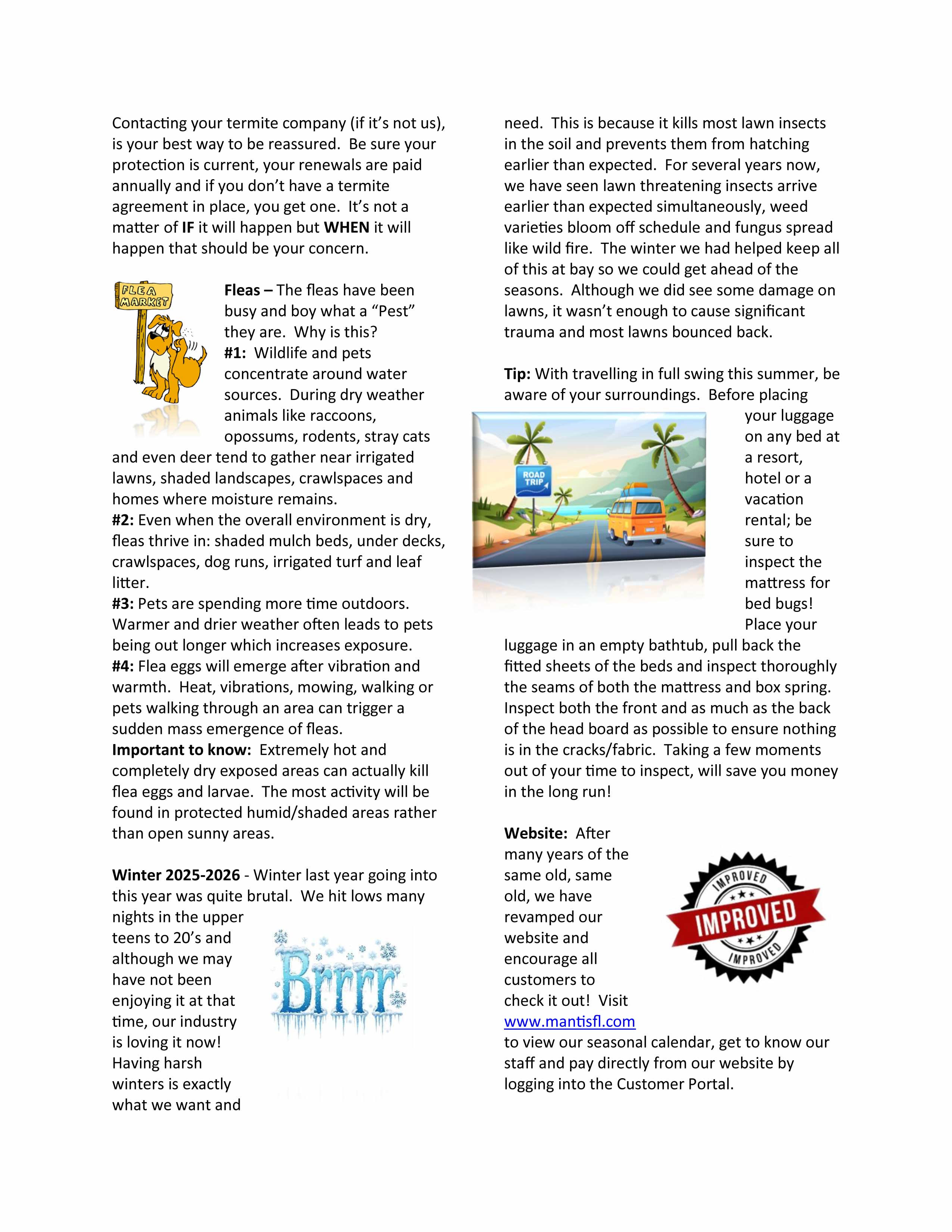 Image of a newsletter section highlighting account statuses with text "YOUR ACCOUNT SUSPENDED" and "YOUR ACCOUNT IS PAST DUE," emphasizing reminders for homeowners about financial responsibilities related to pest control services.