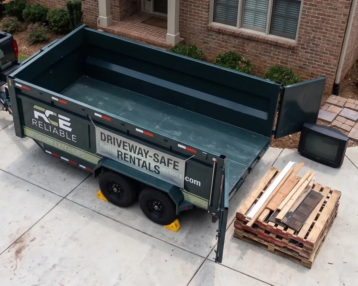 Clean rubber-tired trash trailer parked on a residential driveway