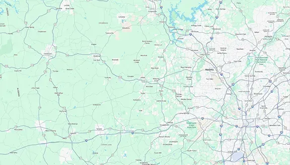 Map showing Reliable Custom Exteriors service area around Dallas, GA