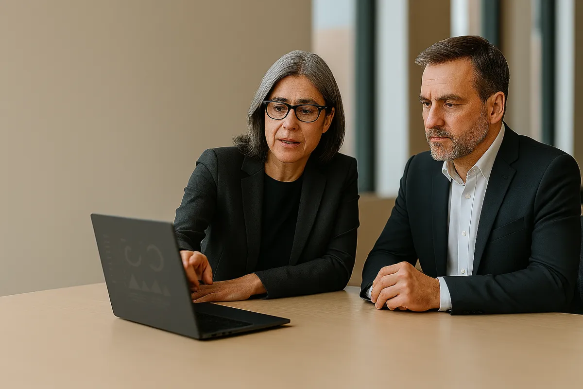 Business leaders reviewing AI readiness and cybersecurity strategy on a laptop