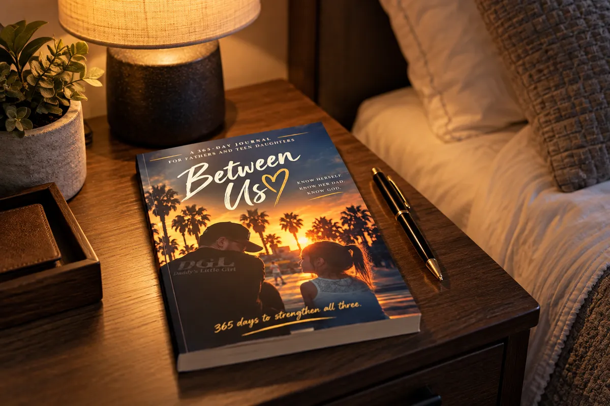 Open spread of the Between Us journal showing daily prompt architecture and dual writing spaces on warm cream paper