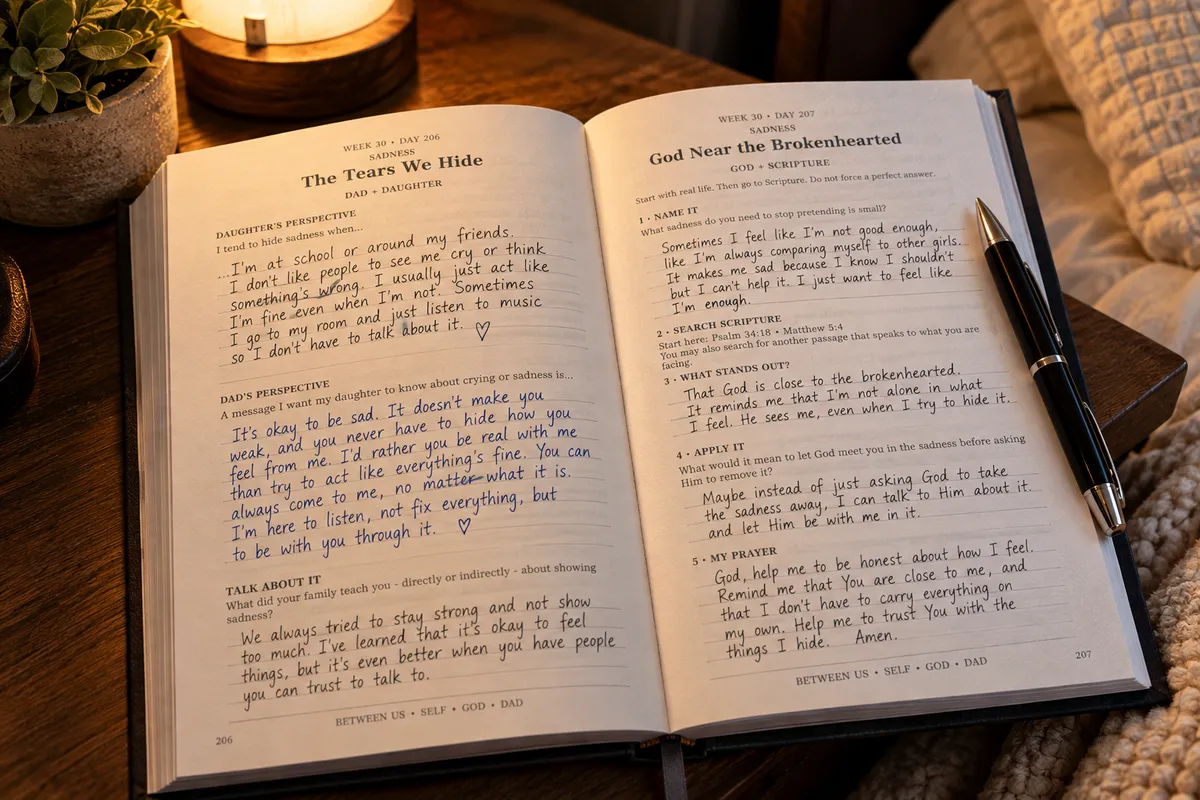 Detailed page view featuring deep conversation prompts around personal identity, life dreams, and guided faith questions