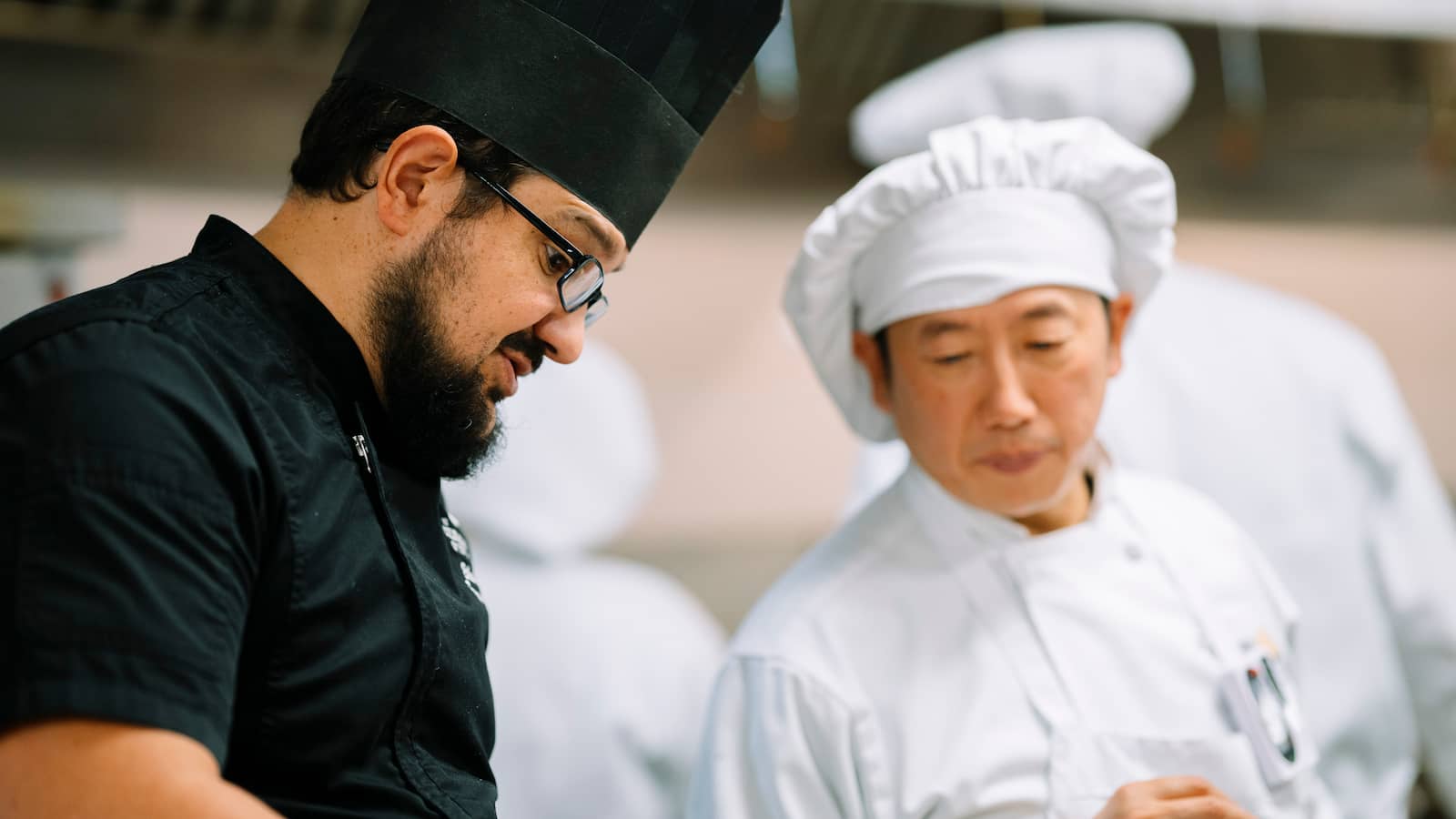 Professional chef giving individual instruction to a culinary student