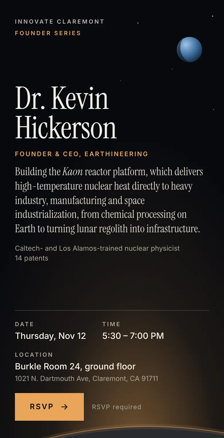Innovate Claremont Founder Series Event with Dr.Kevin Hickerson