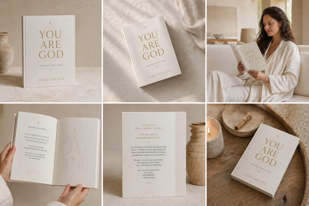 The Source Frequency Book mockup on cream background
