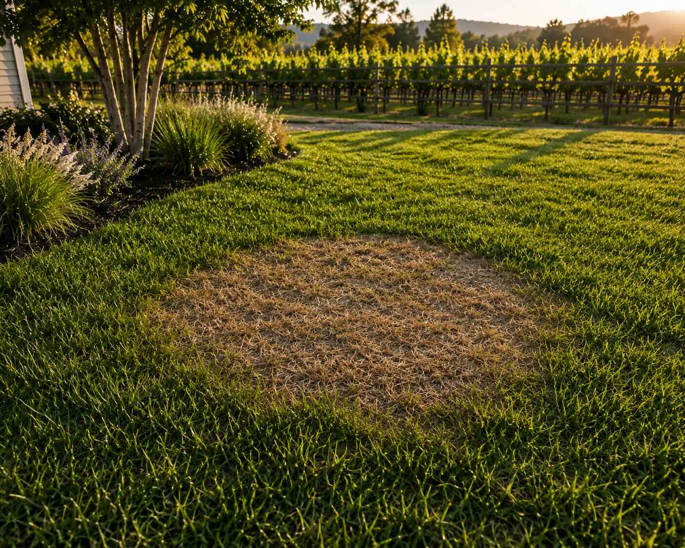 A Sonoma backyard with a dead spot of grass - Wine Country Landscaping