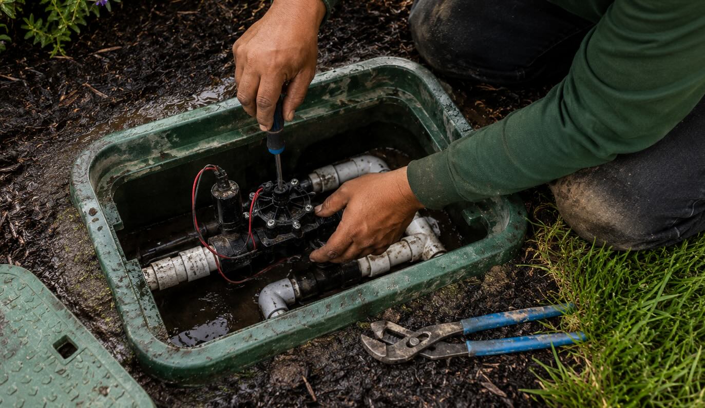 A man replacing a valve in a valve box in a Rohnert Park Front Yard Water System - Wine Country Landscaping