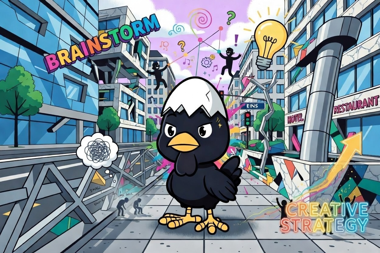 Illustrative scene of Calimero the black chick in a modern European business city, shifting from feeling small to empowered creative strategy with brainstorming figures and vibrant energy.