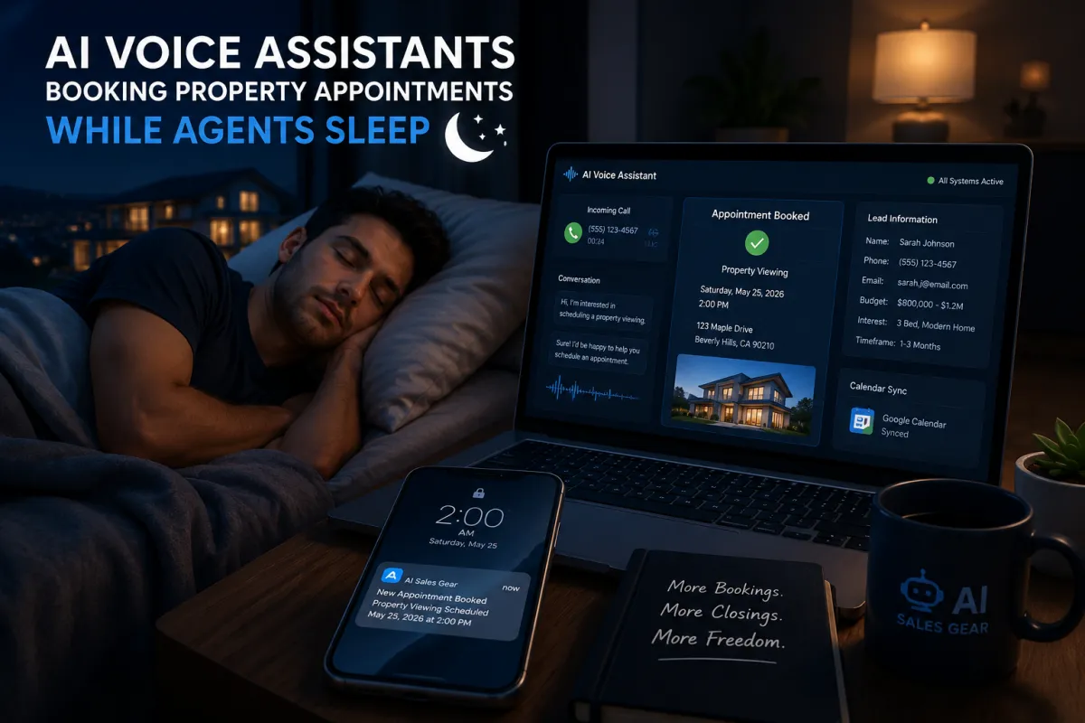 Real estate agent sleeping while AI voice assistant books property appointments automatically at night