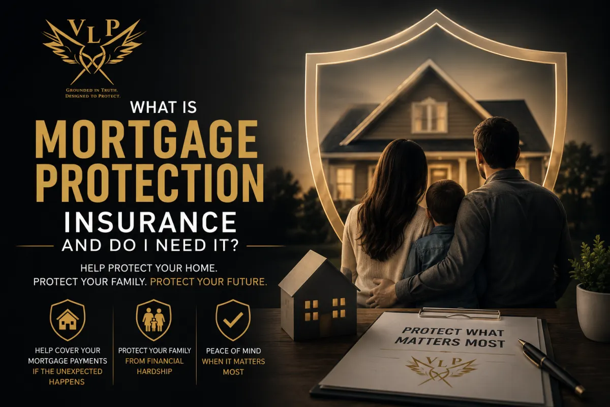 Mortgage protection insurance cover image showing family and home protected by shield with Veritas Legacy Partners branding