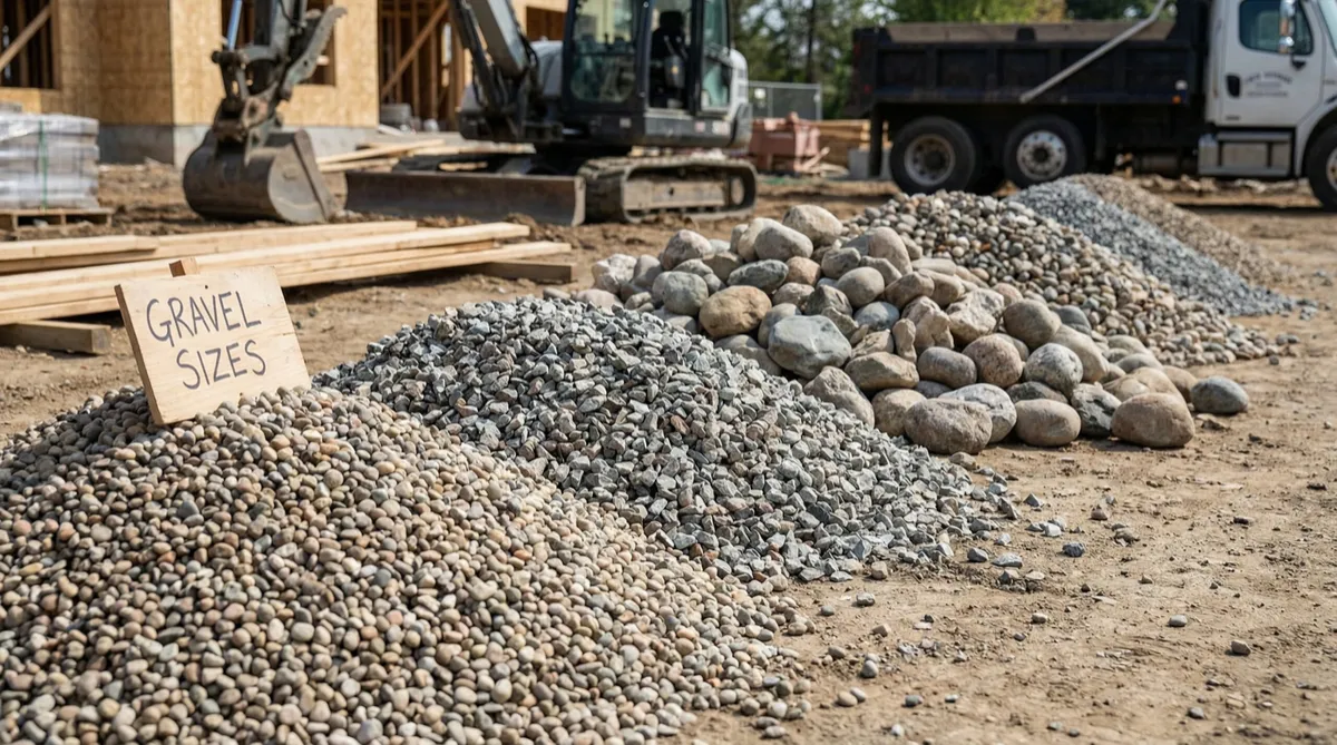 Piles of gravel and rock at a driveway construction site with excavator for driveway repair and new builds