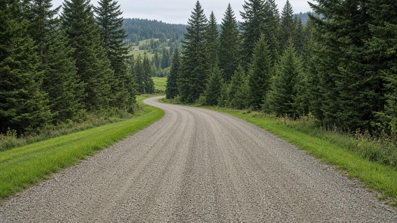 Well-maintained gravel driveway lined with trees