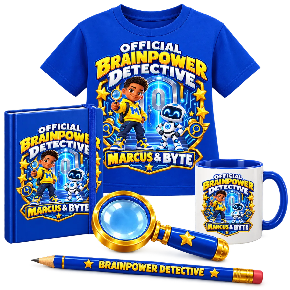 Brainpower Detective Prize Pack with T-shirt, mug, notebook, magnifying glass, and pencil