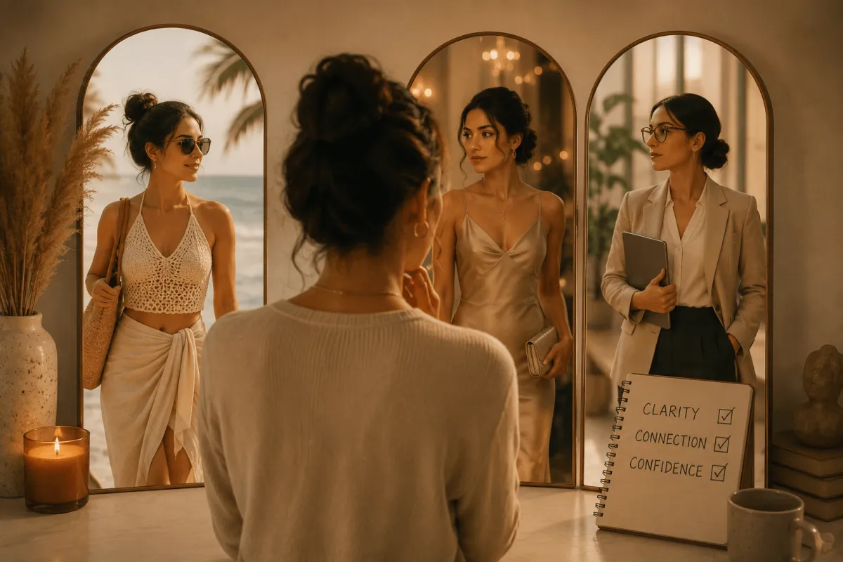 Coach reflecting on business messaging and brand clarity while choosing clothes to represent identity and perception online.