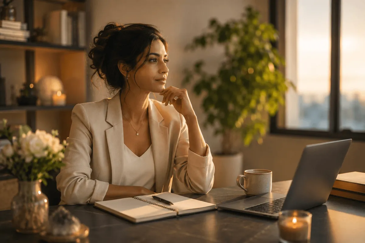 Female business coach sitting confidently after making a difficult leadership decision, representing strong boundaries, coaching standards, and business growth through aligned client relationships.