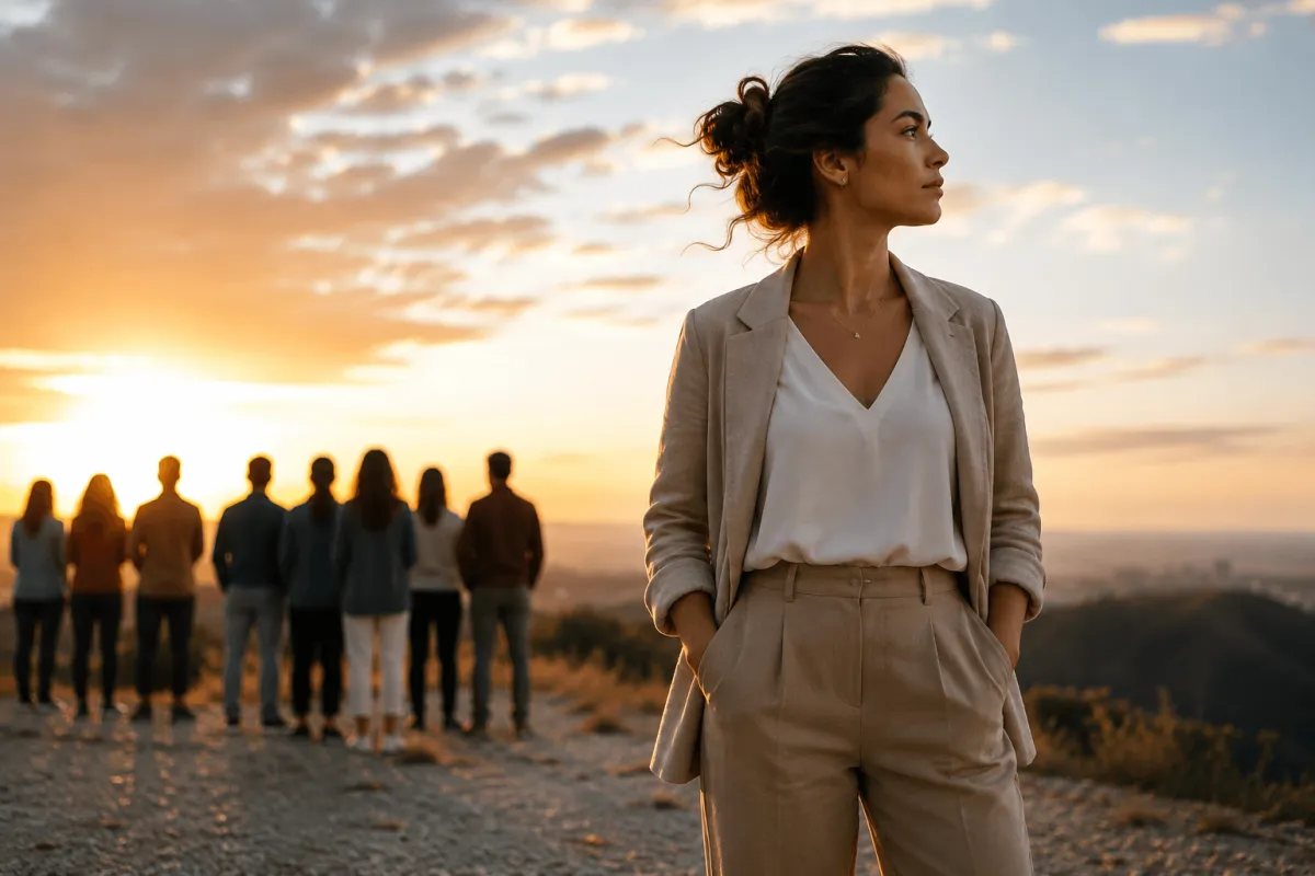Female entrepreneur standing confidently apart from a group, symbolizing personal growth, leadership expansion, independence, and redefining success in business.