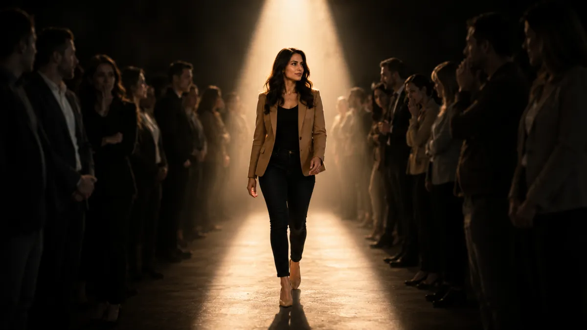 Businesswoman confidently walking through a spotlight while blurred onlookers watch from the shadows, symbolizing courage, visibility, and building a business despite fear of judgment.