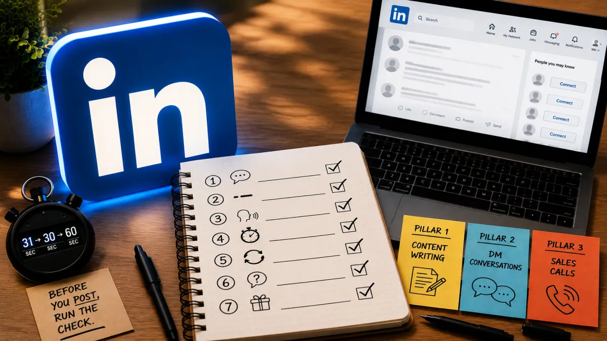 A workspace showing a seven-step LinkedIn content creation checklist with icons for one idea, strong hooks, conversational writing, the 3-30-60 rule, content pillars, questions, and giving away value.