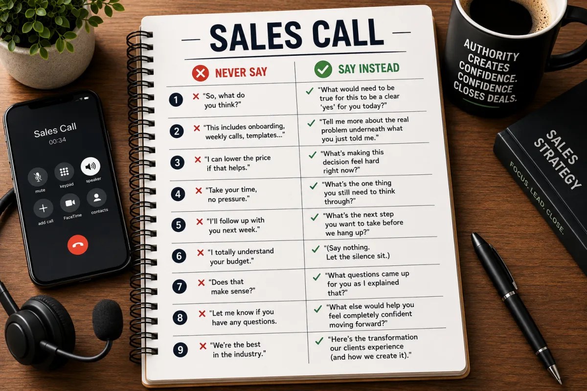 Sales call cheat sheet showing nine things not to say on a sales call and what to say instead to build authority and close more clients.