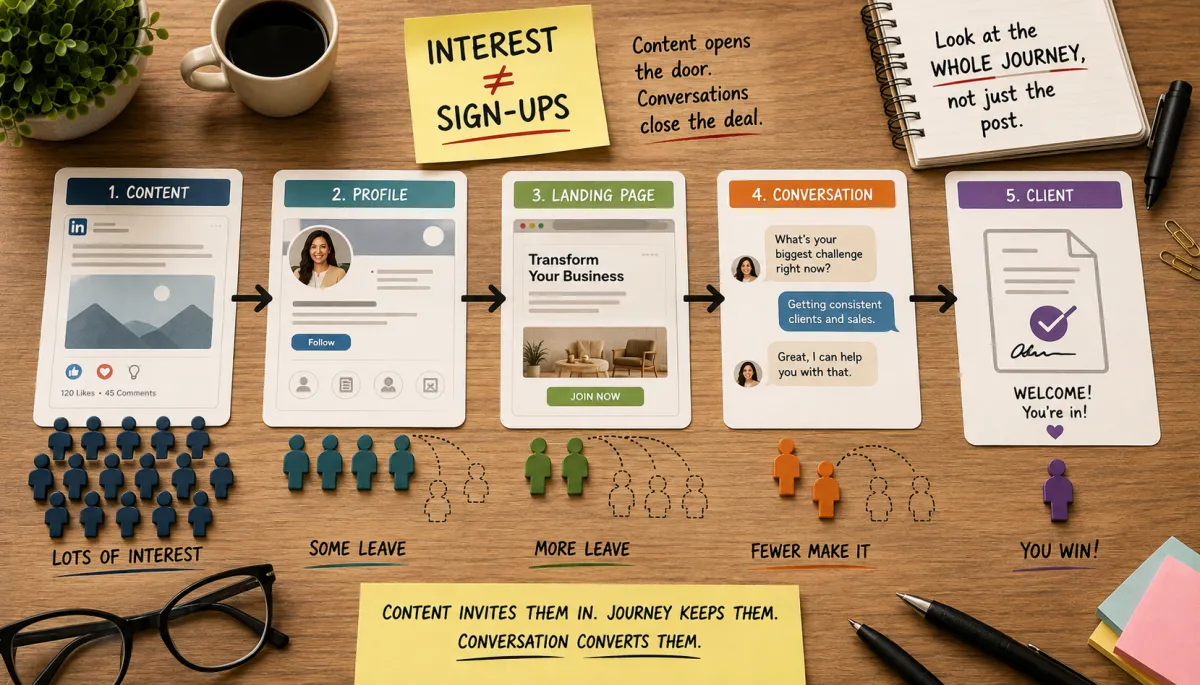 LinkedIn client journey showing how content leads to a profile, landing page, sales conversation and client sign-up, with leads dropping off at each stage.