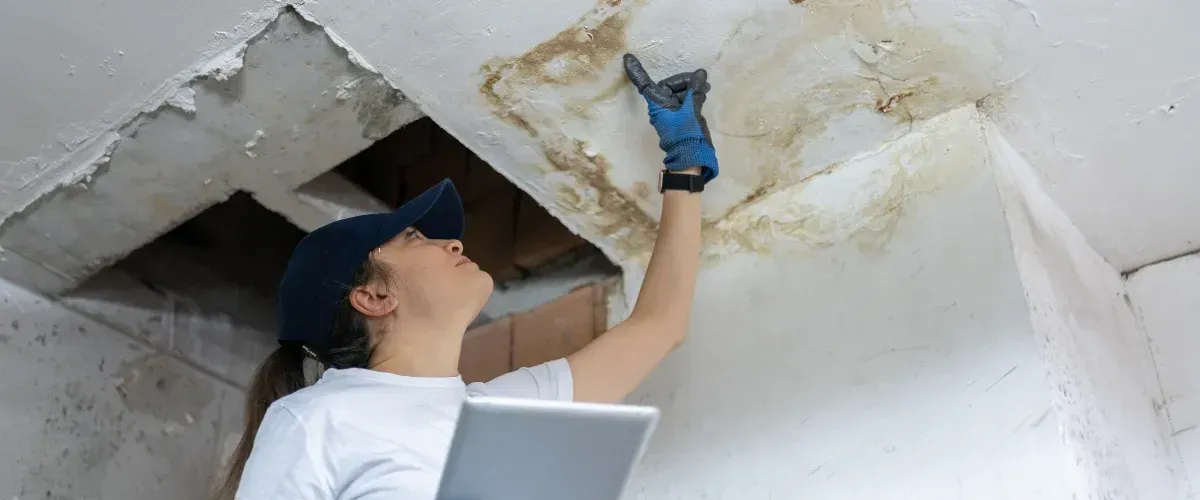 A woman in a blue cap inspecting a water-damaged ceiling, pointing at a brown stain while holding a tablet.