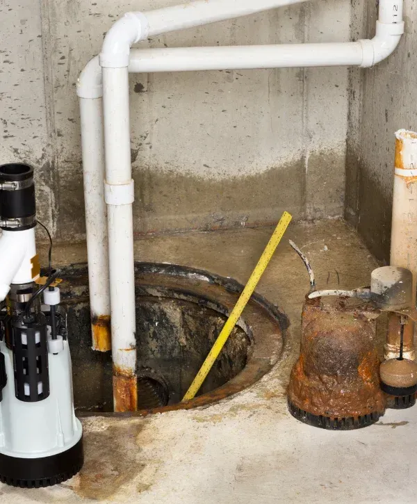 A new white sump pump and old rusty one next to an open sump pit in a dirty basement.